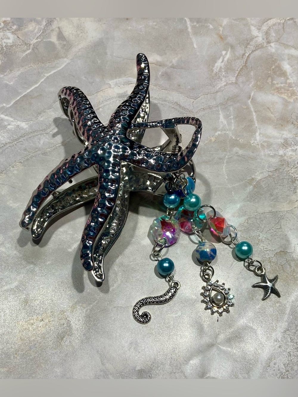 Silver Starfish Hair Clip with Turquoise and Multicolor Bead Charms(Handcrafted)